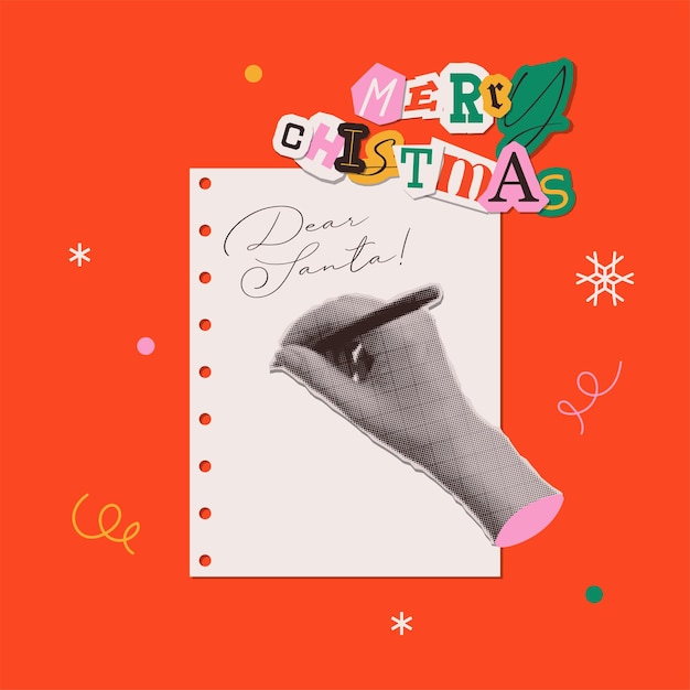 Collaje de Navidad feliz de medio tono vintage con carta escrita a mano a Papá Noel vector retro de moda