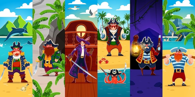 Collaje de personajes de dibujos animados de capitanes piratas enojados