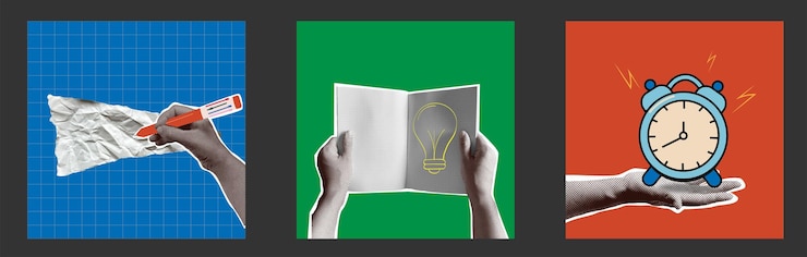 Vector collaje retro de medio tono con la mano sosteniendo un reloj de libro de pluma banner con concepción educativa de vuelta a la escuela