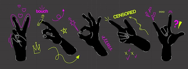 Collaje vectorial moderno conjunto de manos con elementos de garabateo Colección vintage de moda de gesto