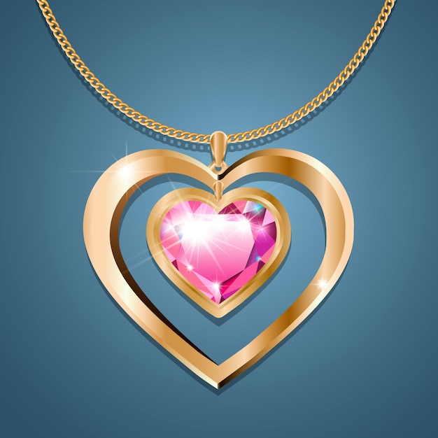 Vector collar con un corazón de piedra rosa en una cadena de oro.