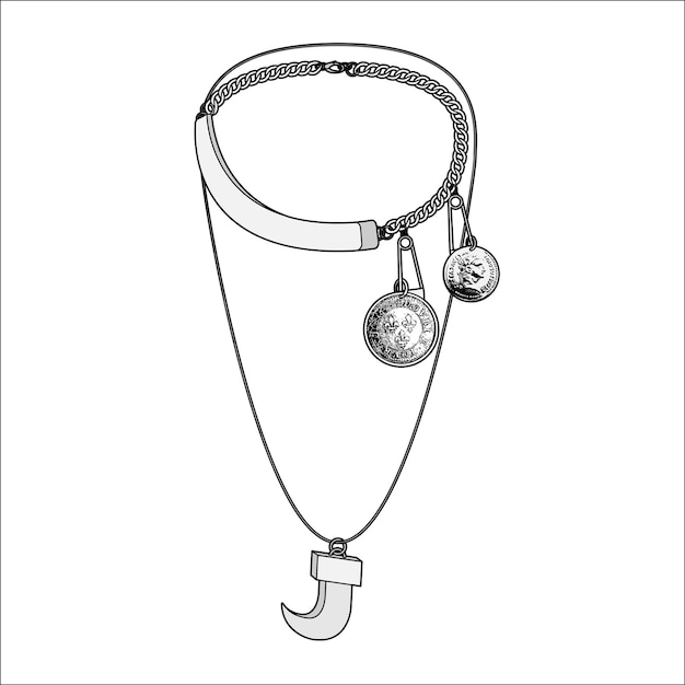 Collar de cuentas de joyería de oro, metal y rocas aisladas sobre un fondo blanco, joyas para mujeres