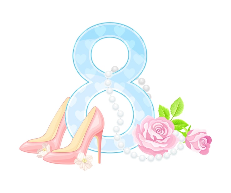 Vector collar de cuentas número ocho y zapatos de tacón alto como atributo vectorial de la fiesta del día internacional de la mujer