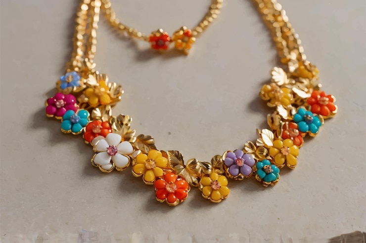 Vector un collar con un diseño de flores y una cadena de oro