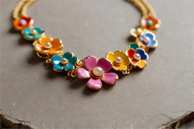 Vector un collar con una flor en él y un collar que dice el nombre de la compañía
