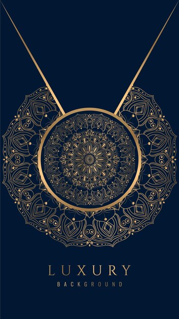 Collar redondo dorado con mandala sobre fondo azul oscuro.
