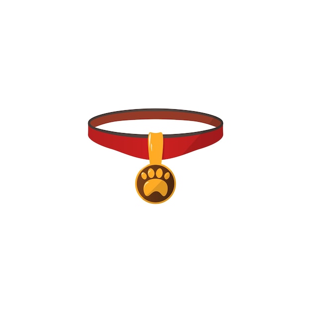 Collar rojo con medalla para gatos y perros Collar de mascotas de dibujos animados y etiqueta dorada Accesorio aislado de gatitos o cachorros Insignia de metal con huella animal Ilustración de plantilla de cinturón canino vectorial