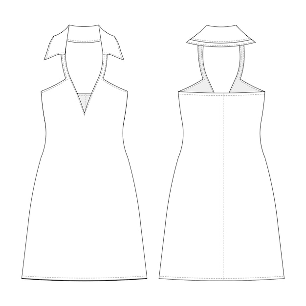 Vector collared v cuello sin mangas corto una línea modelo de vestido dibujo técnico boceto plano cad maqueta fash