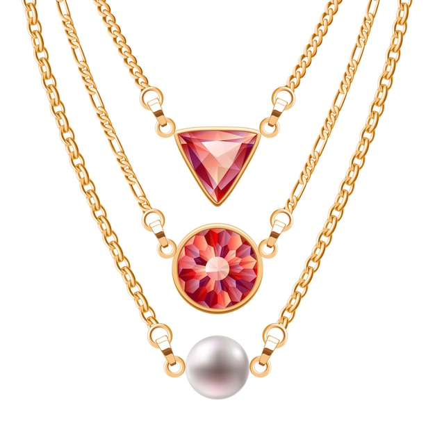 Collares de cadena dorados engastados con colgantes de rubí redondos y triangulares y perla. Joyas.