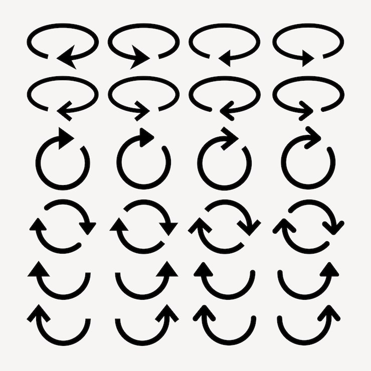 Vector collection of 20 black arrow icons in various circular patterns arrows show rotation and direction circular arrow icons in different styles element vector set