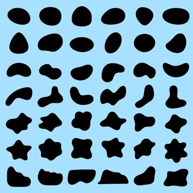 Collection of abstract black shapes on a blue background Various shapes include circles stars and blobs Abstract shapes create a unique pattern Black shape vector set