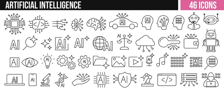 Vector collection of artificial intelligence line icons including robots neural networks ai text cloud computing coding and machine learning elements
