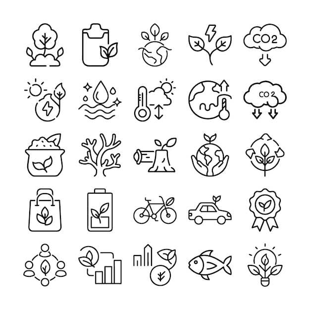 Collection of Black and White Environmental and Sustainability Icons in a Grid