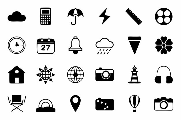 Collection of Black and White Icon Symbols and Elements
