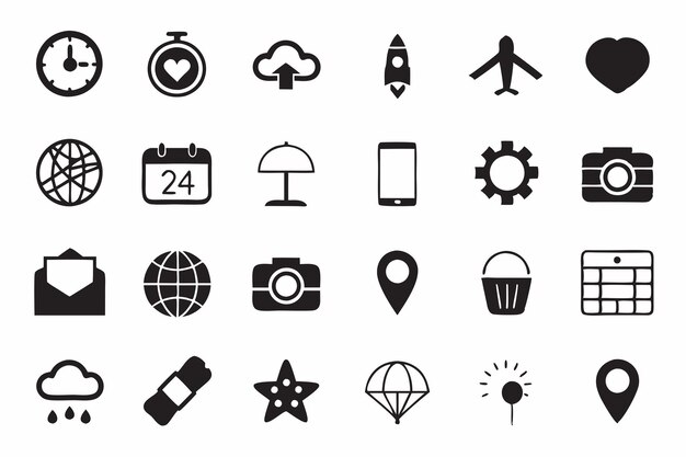 Collection of black and white icons and symbols for various applications