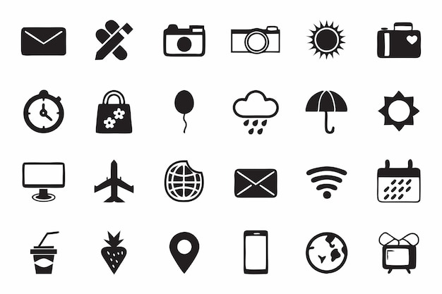 Collection of Black and White Icons and Symbols