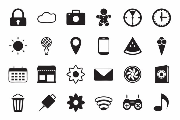 Collection of Black and White Icons for Various Concepts