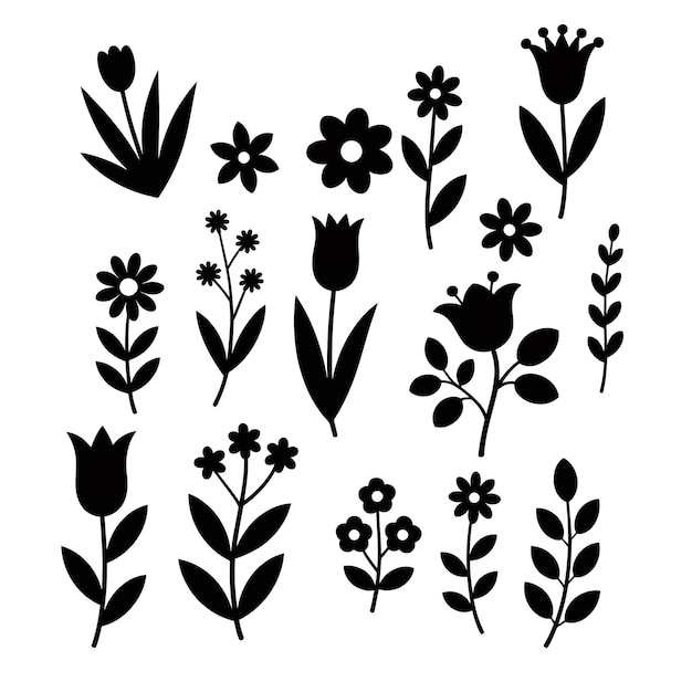 Collection of Black Flower Silhouettes and Floral Elements