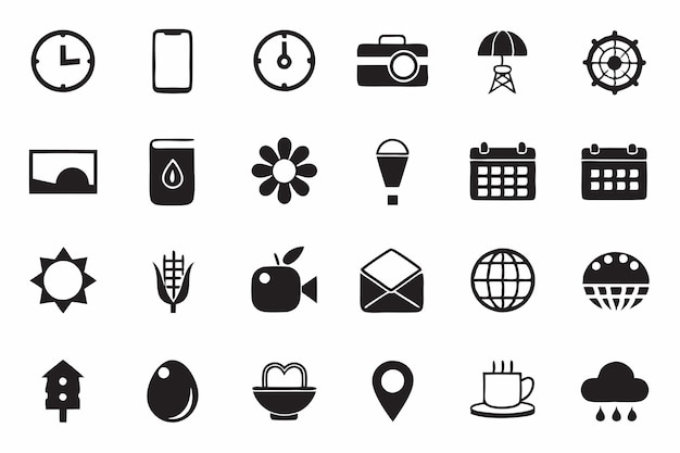 Collection of Black Icons Time Technology Nature and More