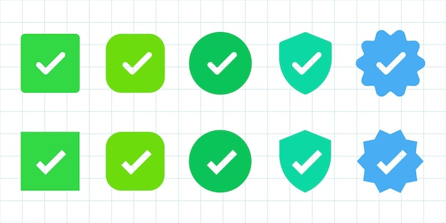 Collection of checkmark icons in various shapes square circle shield starburst Green and blue checkmarks on a grid background Checkmark icons for design use Vector element set