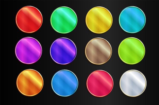 Collection of colorful glossy and gold-bordered badges and medals