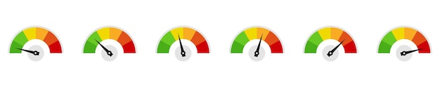 Collection of colorful meter gauge icons with pointers in different positions representing risk levels performance progress and ratings Ideal for dashboards reports infographics and UI design