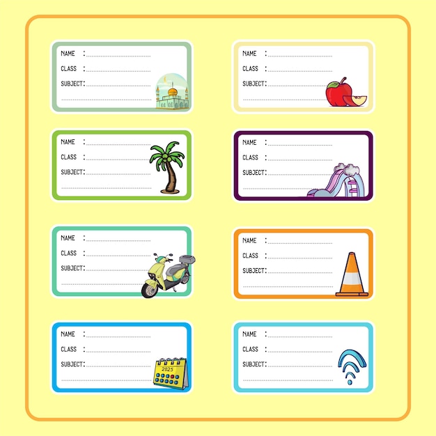 Collection of colorful name tags with different illustrations