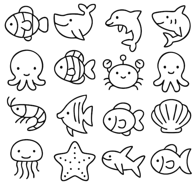 Collection of Cute Sea Creatures and Fish Illustrations