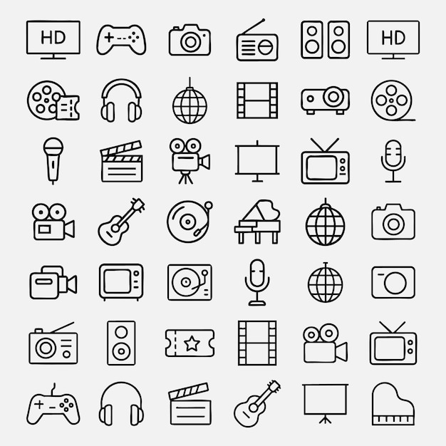 Collection of entertainment icons depicting film music gaming media and technology