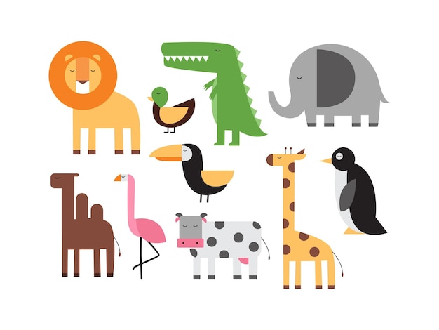 Collection of flat illustrations of cute animals