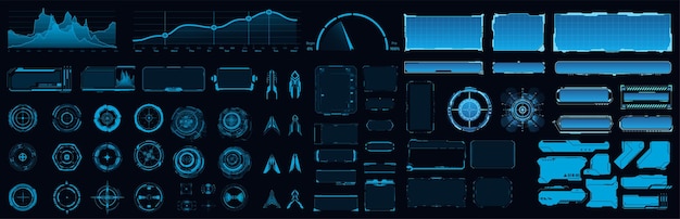 Collection of futuristic HUD user interface elements Includes graphs charts radar digital frames data panels and scifi display components in glowing blue neon style for UIUX and game design