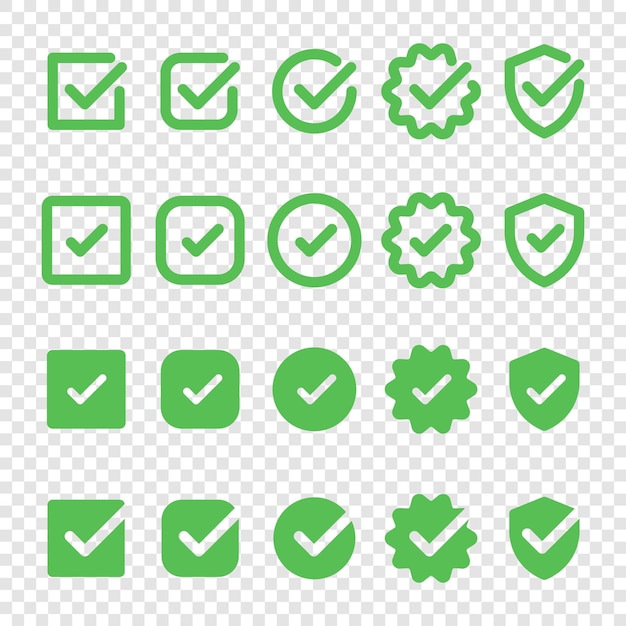 Collection of green check mark icons in various styles Includes check marks in circles squares and shields Green check marks for approval and validation Vector element set