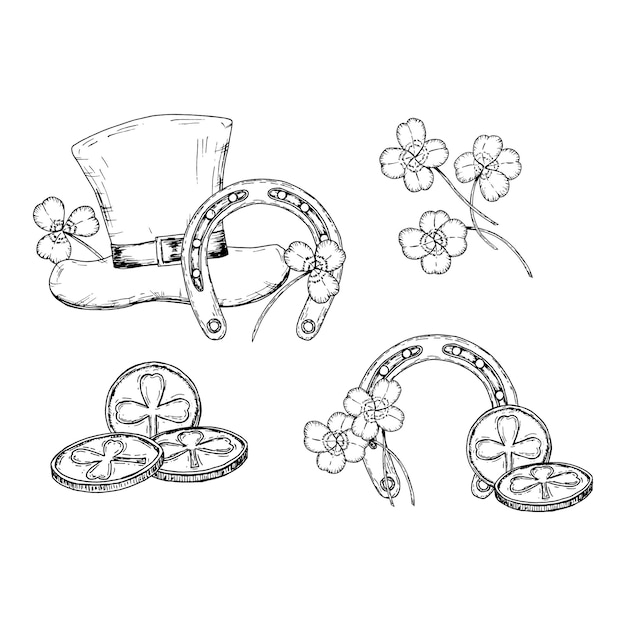 A collection of handdrawn st patrick s day clip arts including a leprechaun s hat horseshoe shamrock