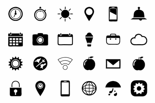 Collection of minimalist black icons depicting time location and devices