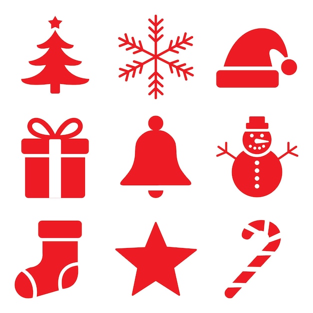 Collection of red christmas icons isolated on white background for holiday season