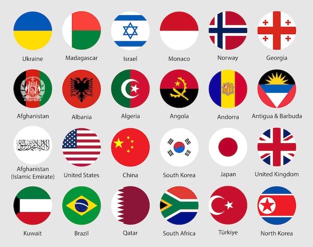 Collection of rounded world country flags including USA China UK Japan South Korea Brazil and others Flat national flags for political travel education or global themes Vector illustration