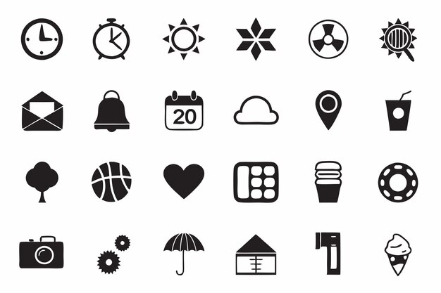 Collection of simple black and white icons for different purposes