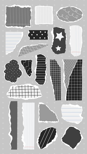 Collection of torn paper pieces with various patterns stripes dots grids Torn paper edges create texture Patterns include stars lines and grids Gray element vector set