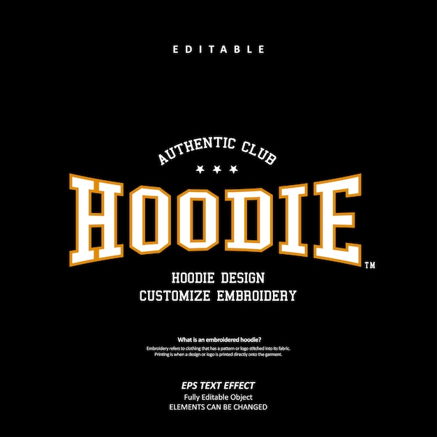 College American auténtico Hoodie club Bordado logo texto personalizado efecto editable premium vector