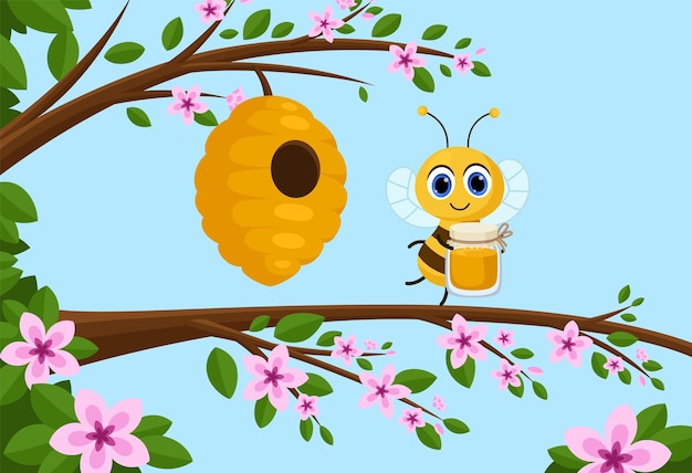 Colmena de ramas de árboles en flor y bonita abeja de dibujos animados con frasco de miel dulces de insectos felices ubicación vectorial de primavera y verano Ilustración brillante infantil de la flor de la rama de un árbol Ilustración de árbol y abeja