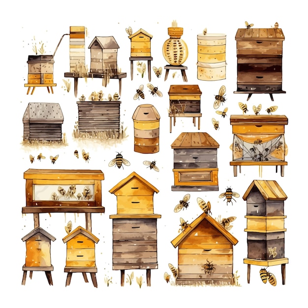 Colmenas de acuarela e ilustración de abejas Elementos de imágenes prediseñadas dibujadas a mano de apicultura