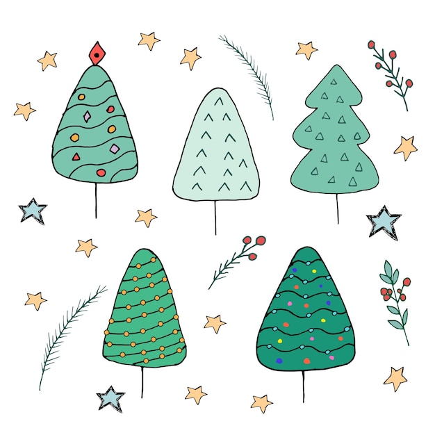 Coloca árboles de Navidad, ramas y estrellas de colores al estilo de garabatos.