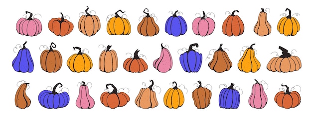 Coloca calabazas símbolos vectoriales ilustraciones estilo retro de los años 90 calabazas halloween calabazas de cosecha de otoño calabazas de acción de gracias de otoño y colección de calabazas de halloween