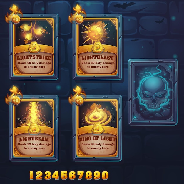 Coloca cartas de hechizo de golpe de luz, explosión de luz, rayo de luz, anillo de luz. Para juegos, interfaz de usuario, diseño