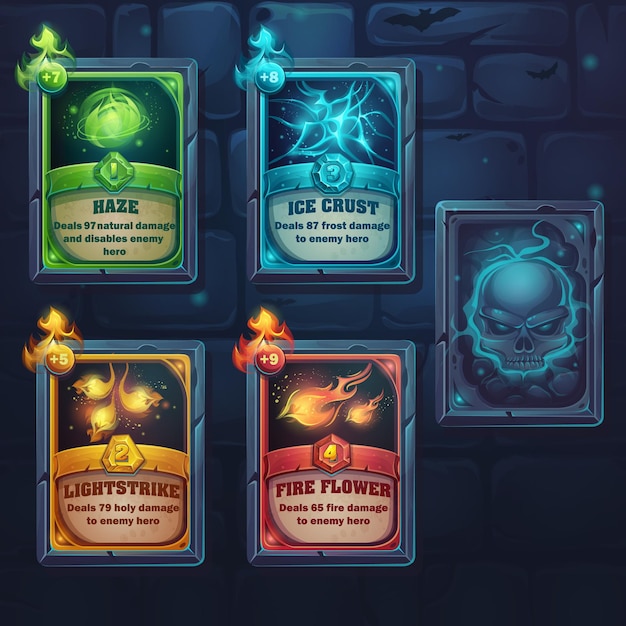 Coloca cartas de hechizo de naturaleza, hielo, fuego, luz. Para juegos, interfaz de usuario, diseño