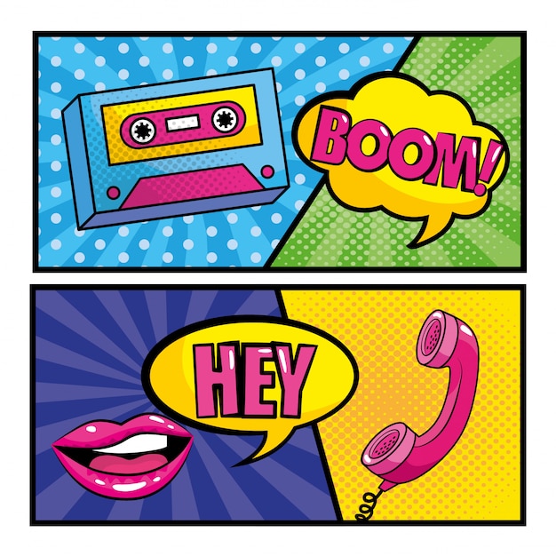 Coloca cassette y boca con mensajes de pop art y teléfono.