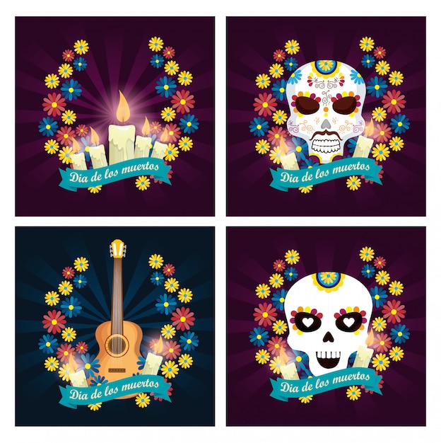 Vector coloca velas con calaveras y guitarra al día de los muertos.