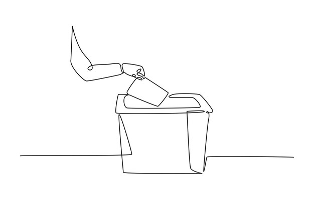 Colocación manual de la boleta en el lugar de votación de la urna de votación en un diseño de dibujo continuo de una línea