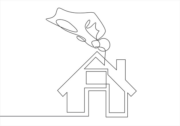 Colocación de monedas a mano en la alcancía de la casa Dibujo continuo de una línea