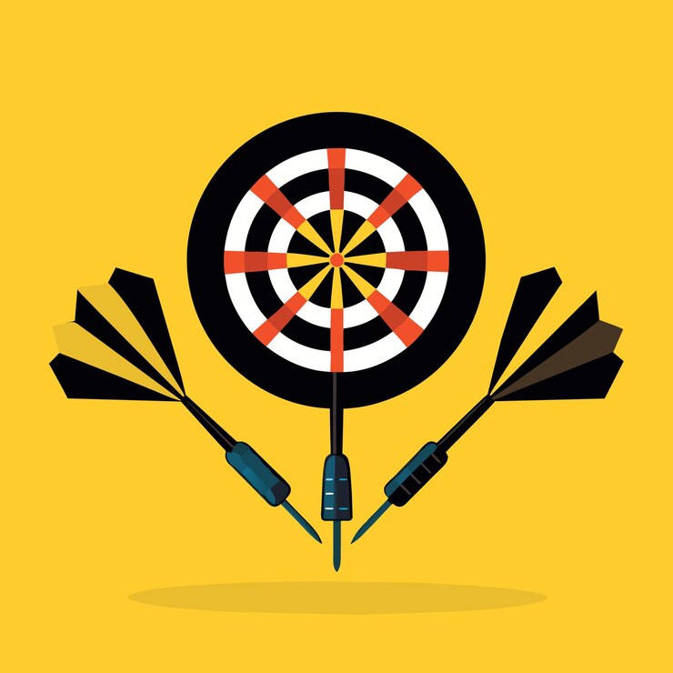 Vector colocación plana de dardos negros perfectos con dartboard en fondo amarillo sólido con espacio de copia usando como
